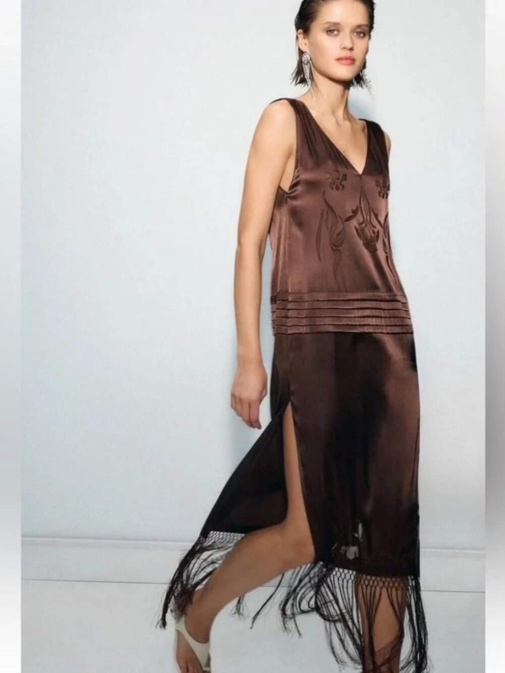 Zara Collection Embroidered Gatsby Fringe Midi Slip Dress Brown Vintage Size XL